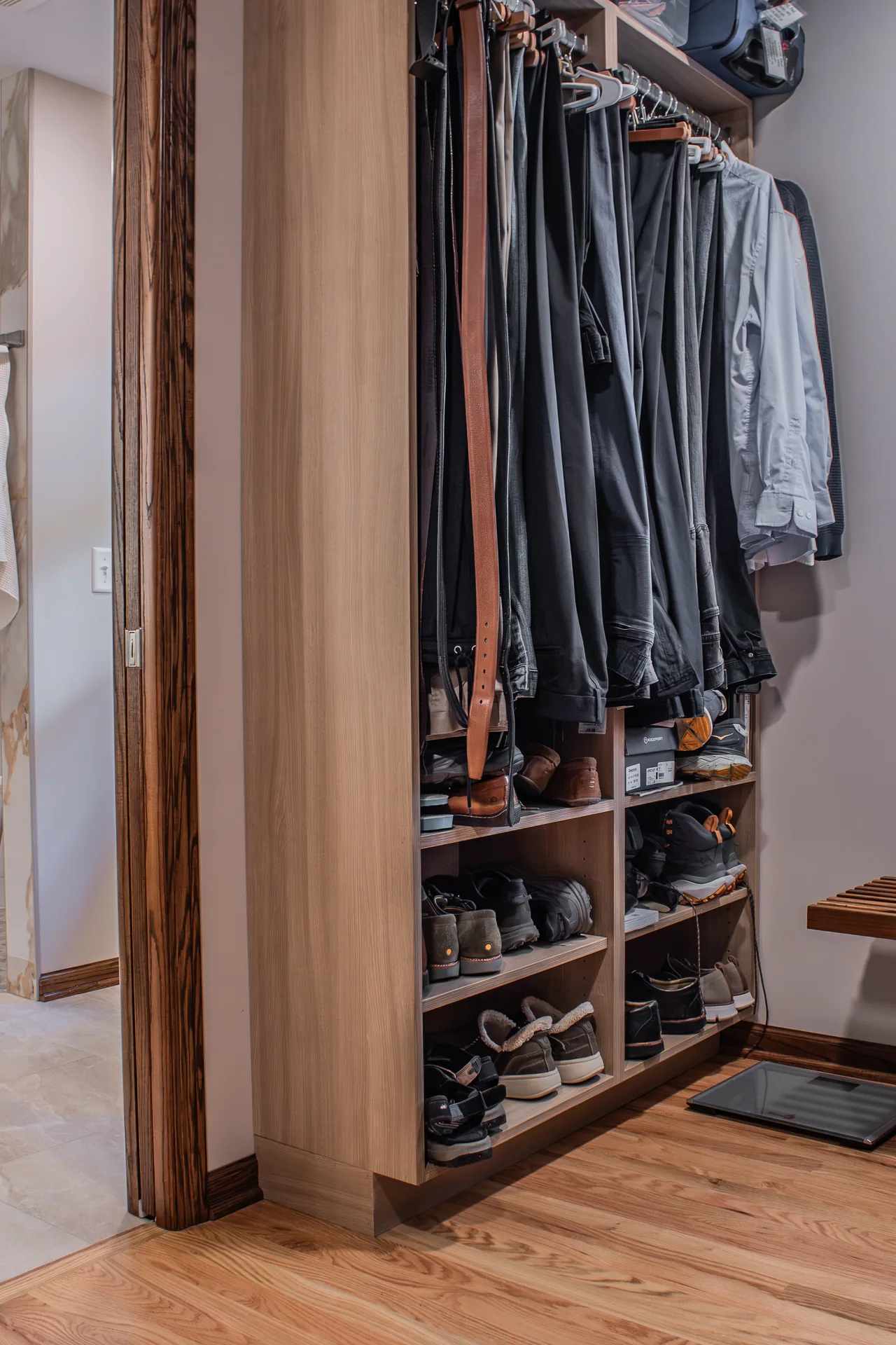Closet storage with hanging clothes and shoe shelving