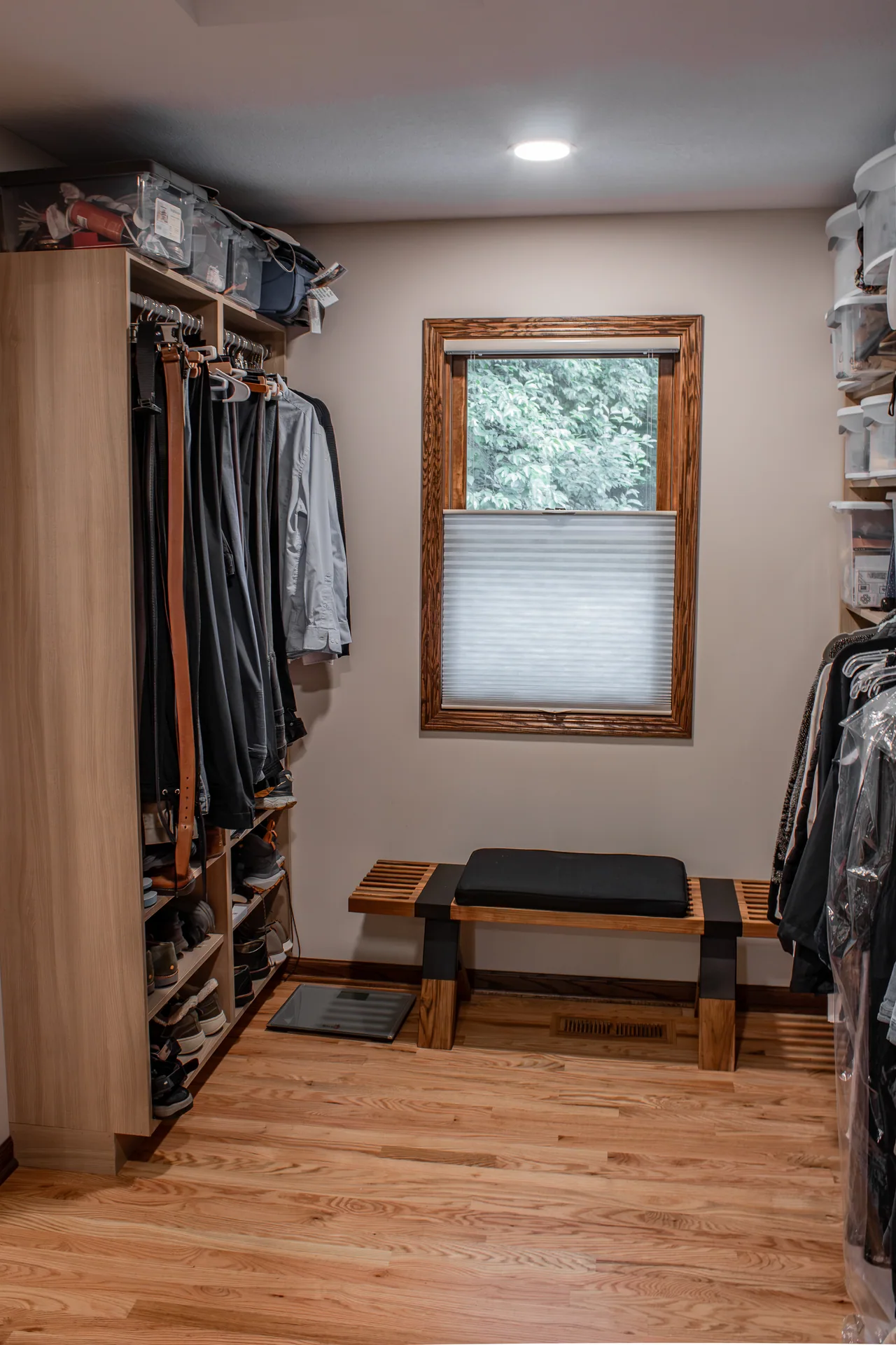 Walk-in closet with window and storage on both sides