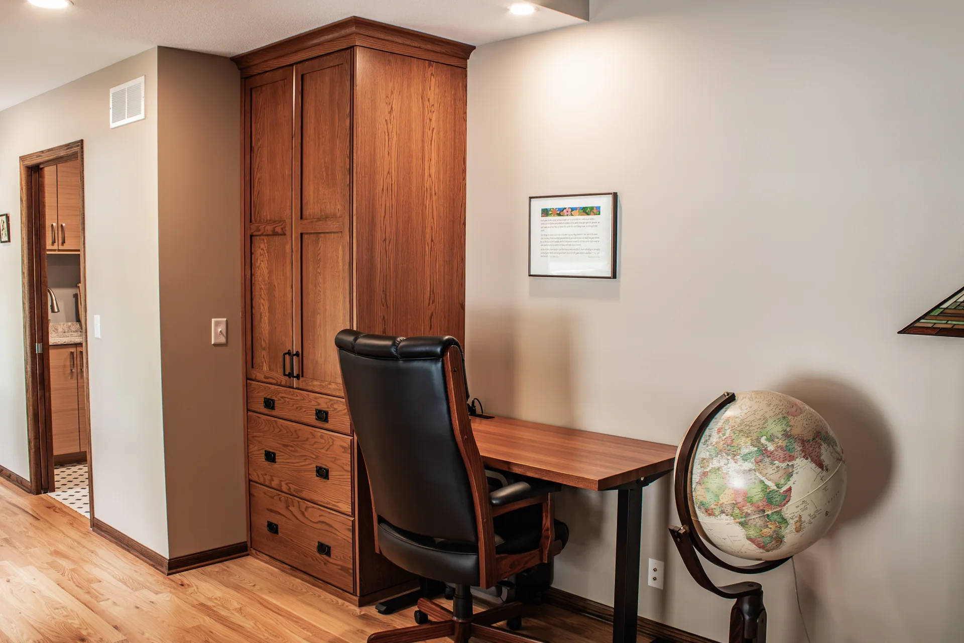 Wood desk and tall storage cabinet