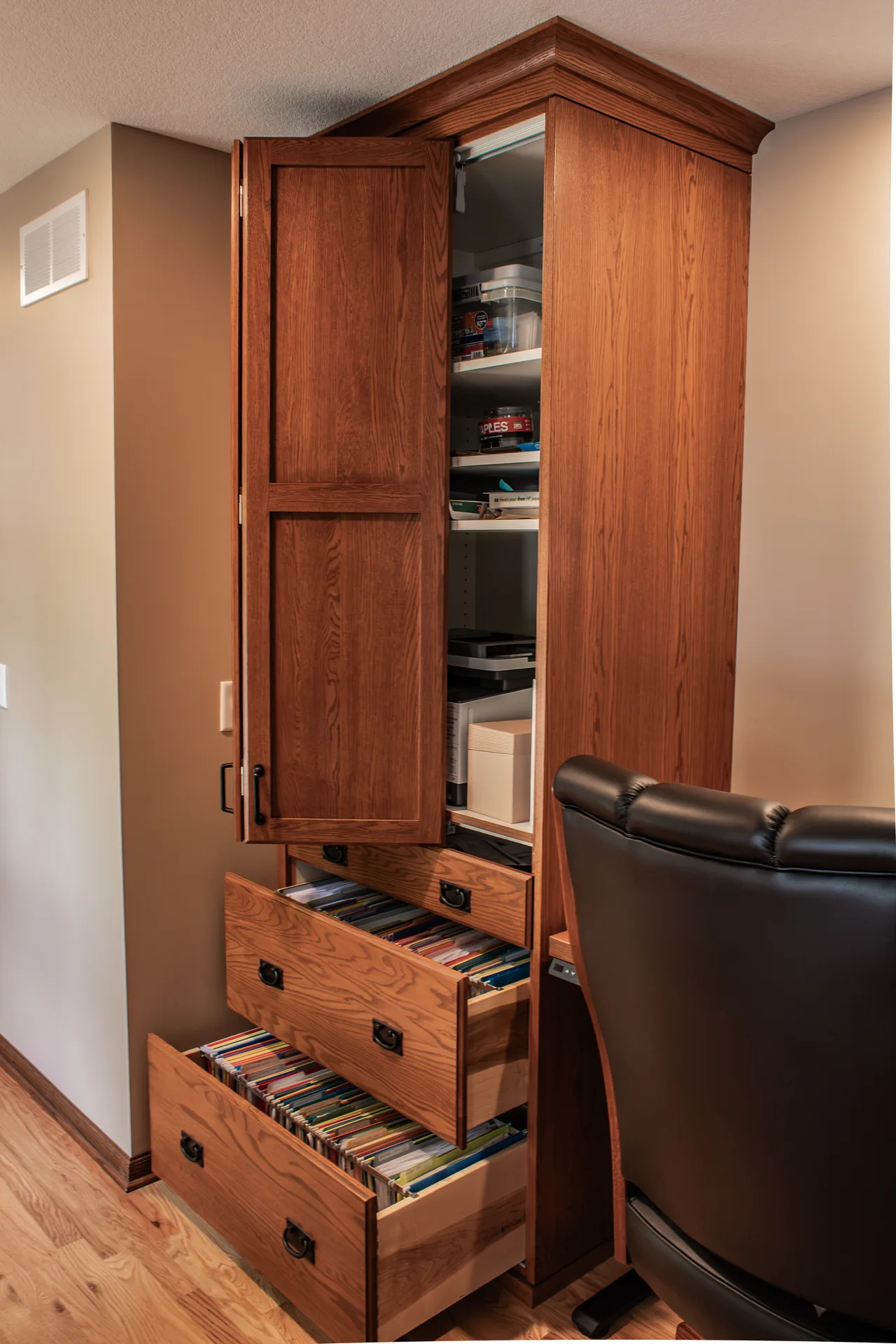 Open tall cabinet with pull-out drawers