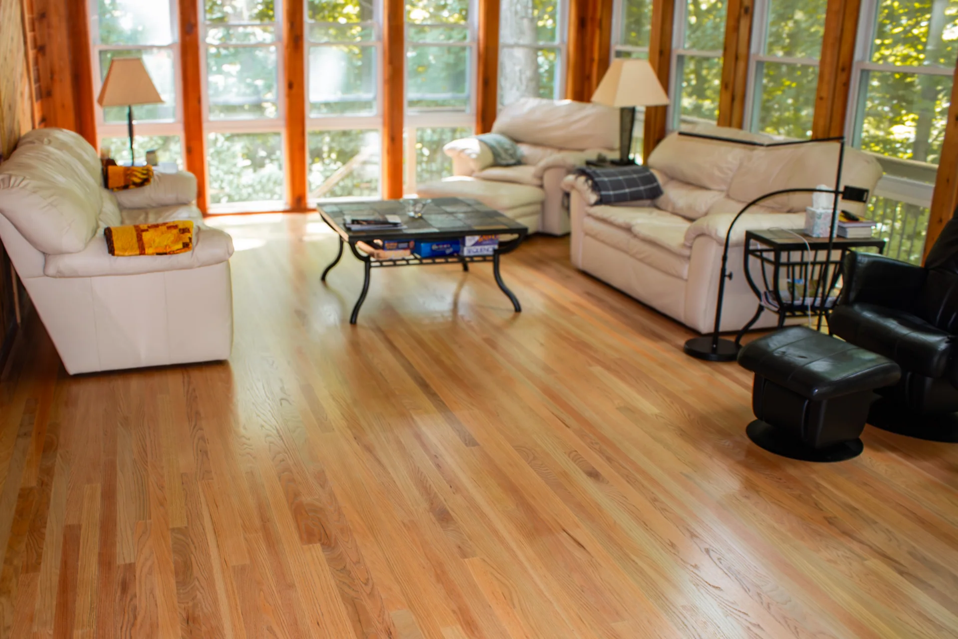 Window-lined sitting room with wood flooring