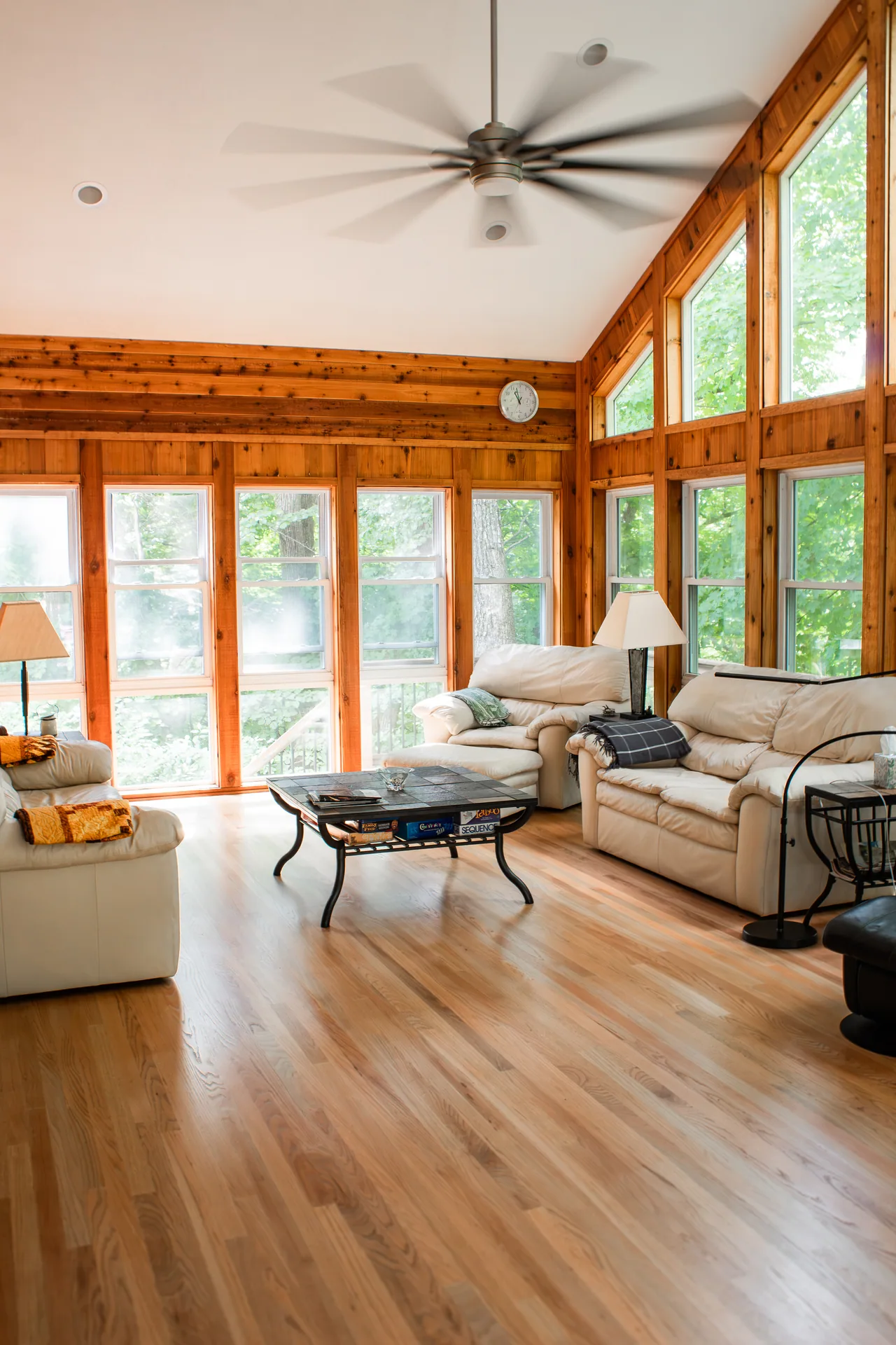 Sitting room windows and wood ceiling detail